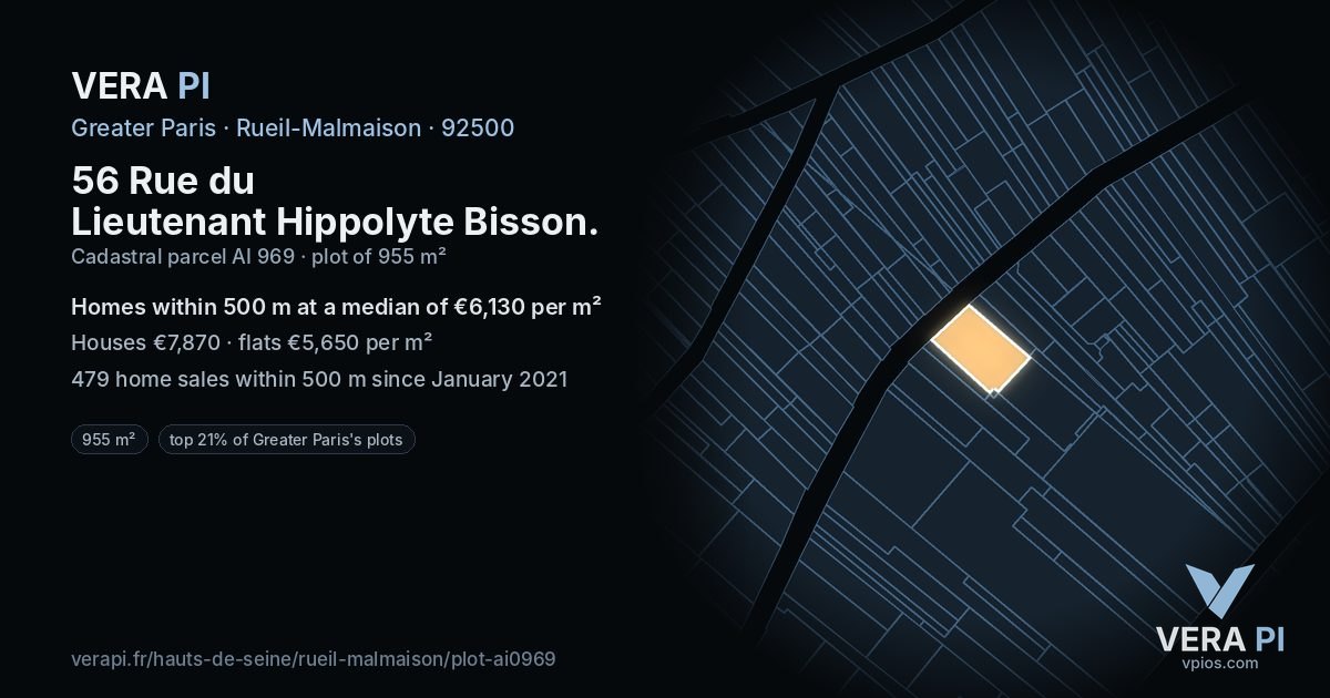 56 Rue du Lieutenant Hippolyte Bisson, Rueil-Malmaison at night – the plot lit, the parcels around coloured by the prices near them