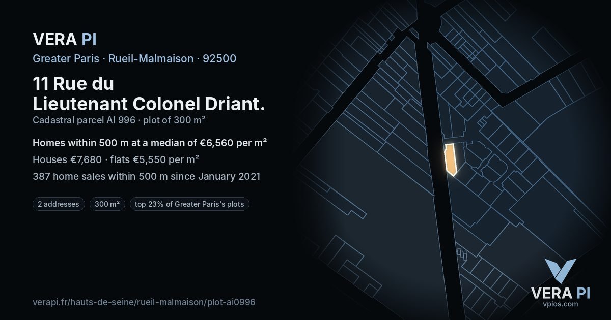 11 Rue du Lieutenant Colonel Driant, Rueil-Malmaison at night – the plot lit, the parcels around coloured by the prices near them