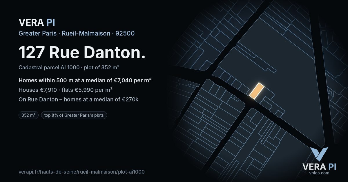 127 Rue Danton, Rueil-Malmaison at night – the plot lit, the parcels around coloured by the prices near them