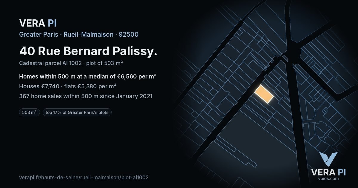 40 Rue Bernard Palissy, Rueil-Malmaison at night – the plot lit, the parcels around coloured by the prices near them