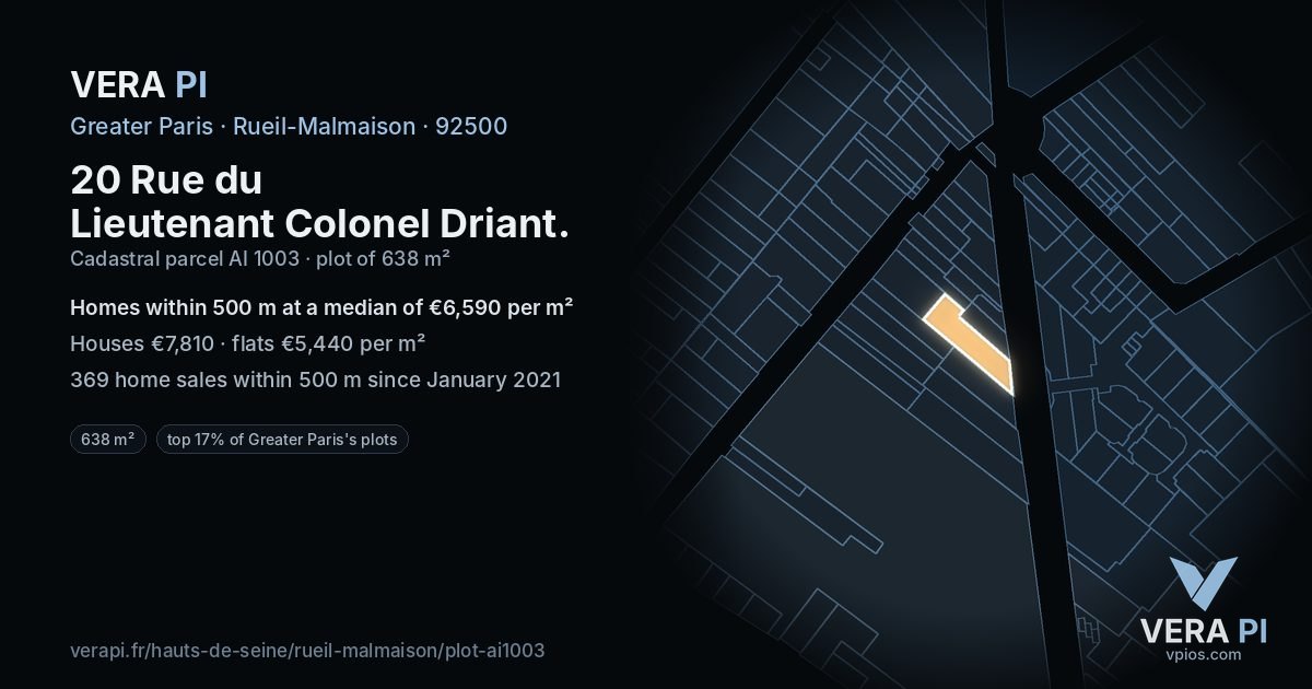 20 Rue du Lieutenant Colonel Driant, Rueil-Malmaison at night – the plot lit, the parcels around coloured by the prices near them