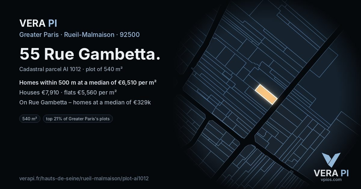 55 Rue Gambetta, Rueil-Malmaison at night – the plot lit, the parcels around coloured by the prices near them