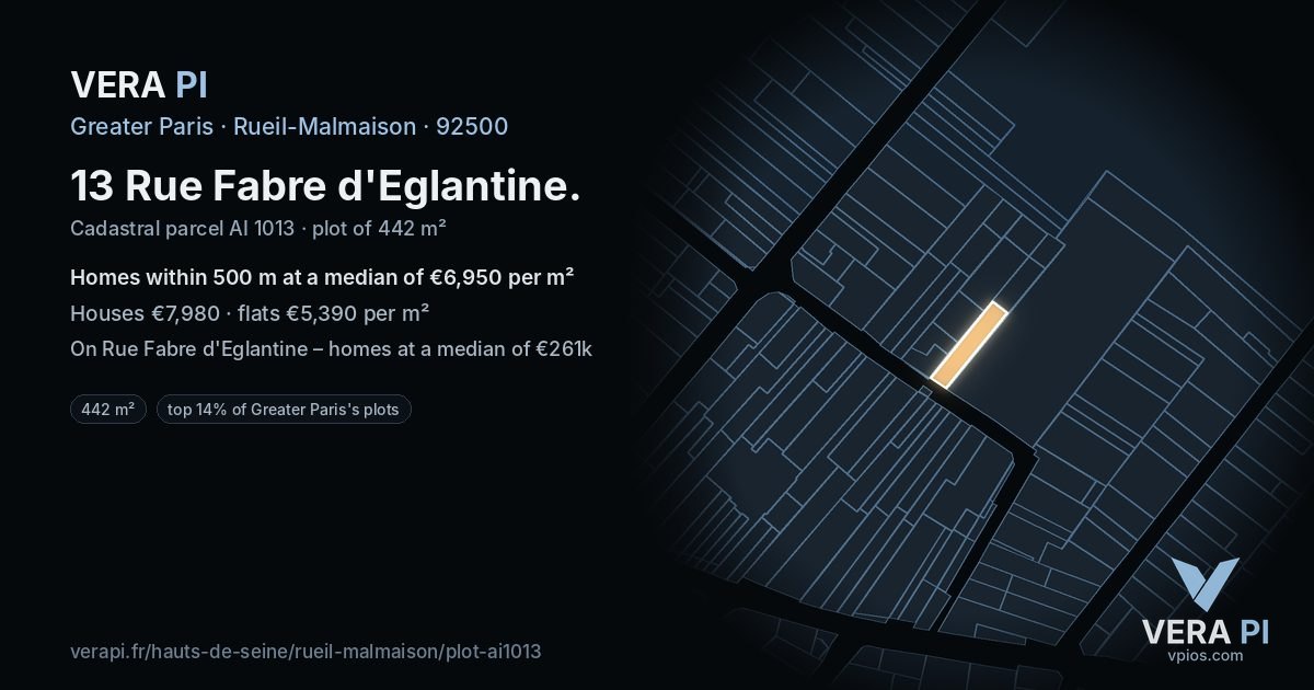 13 Rue Fabre d'Eglantine, Rueil-Malmaison at night – the plot lit, the parcels around coloured by the prices near them