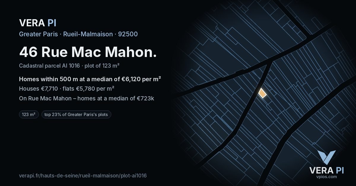 46 Rue Mac Mahon, Rueil-Malmaison at night – the plot lit, the parcels around coloured by the prices near them
