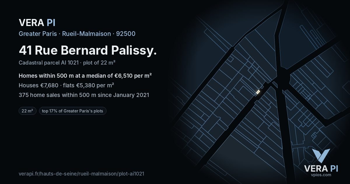 41 Rue Bernard Palissy, Rueil-Malmaison at night – the plot lit, the parcels around coloured by the prices near them