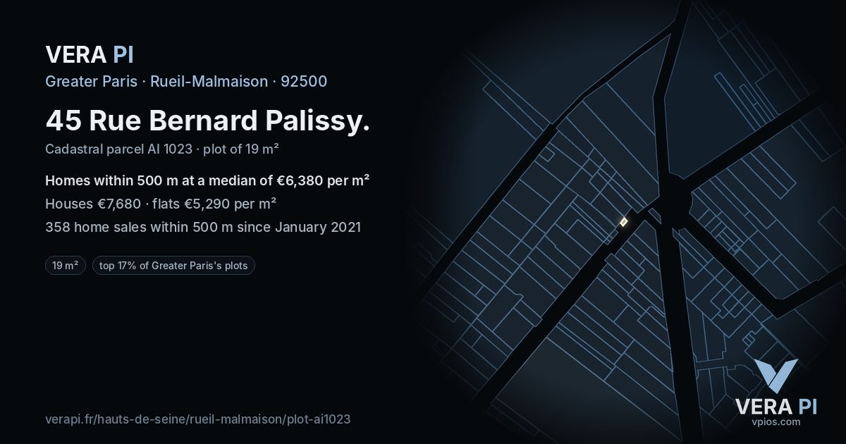 45 Rue Bernard Palissy, Rueil-Malmaison at night – the plot lit, the parcels around coloured by the prices near them