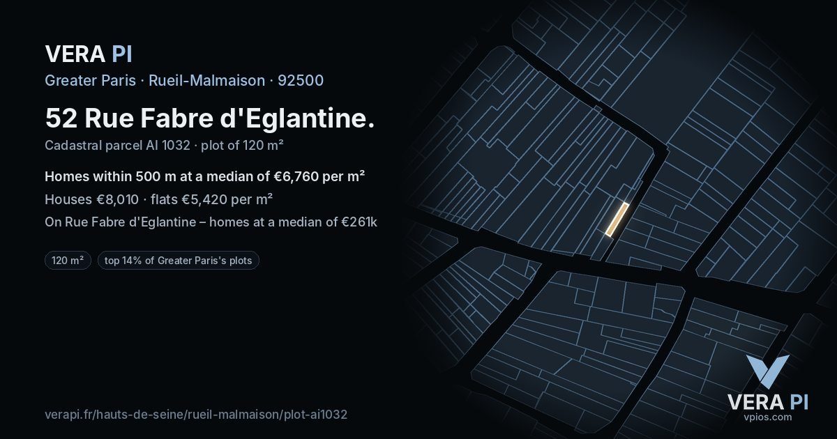 52 Rue Fabre d'Eglantine, Rueil-Malmaison at night – the plot lit, the parcels around coloured by the prices near them