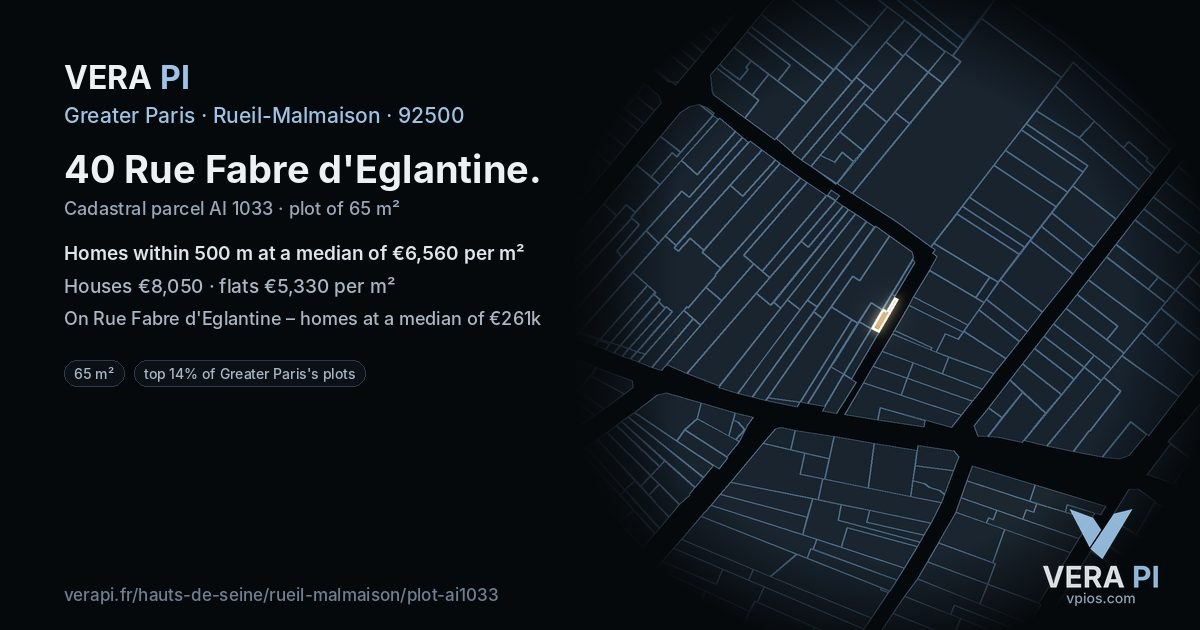 40 Rue Fabre d'Eglantine, Rueil-Malmaison at night – the plot lit, the parcels around coloured by the prices near them