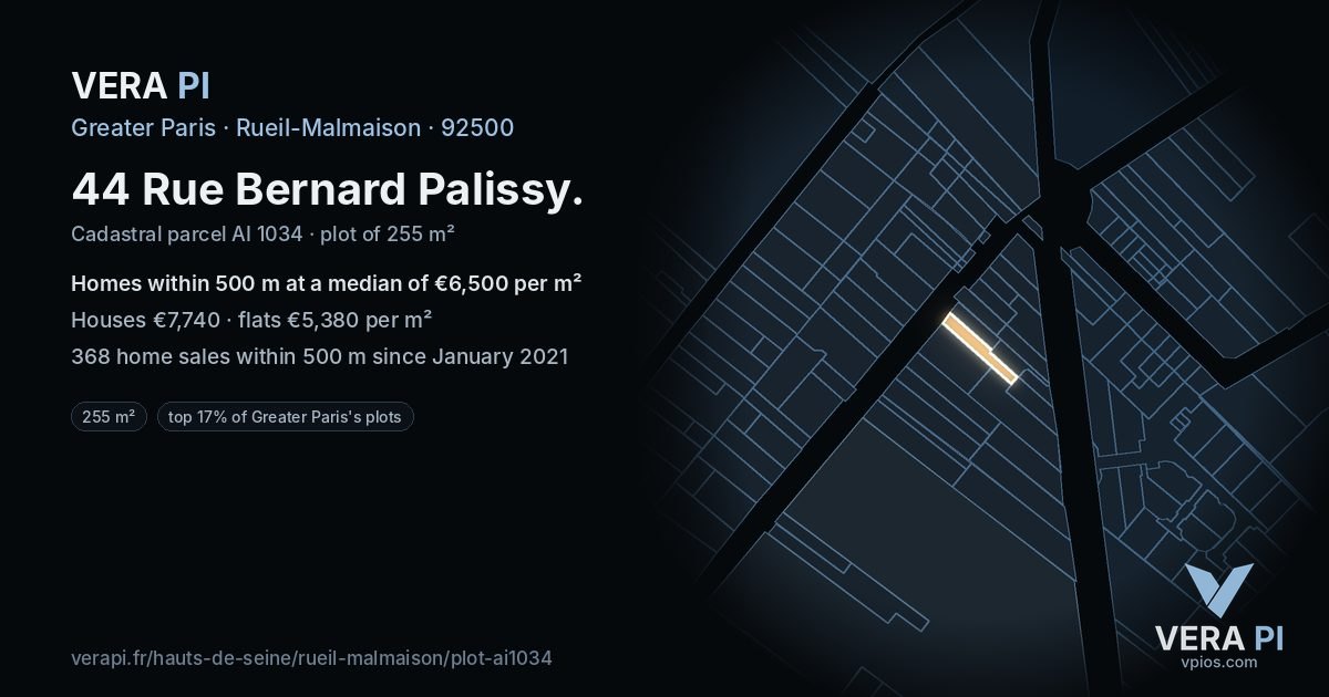 44 Rue Bernard Palissy, Rueil-Malmaison at night – the plot lit, the parcels around coloured by the prices near them