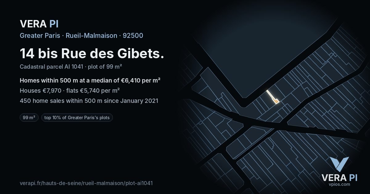 14 bis Rue des Gibets, Rueil-Malmaison at night – the plot lit, the parcels around coloured by the prices near them