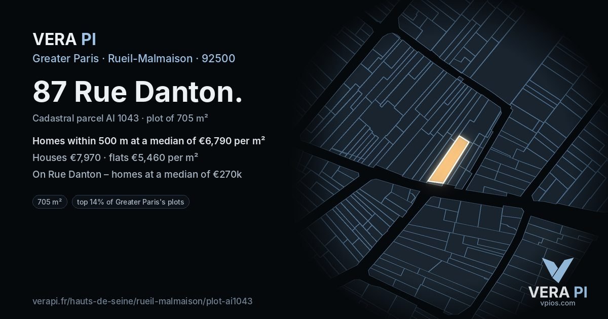 87 Rue Danton, Rueil-Malmaison at night – the plot lit, the parcels around coloured by the prices near them