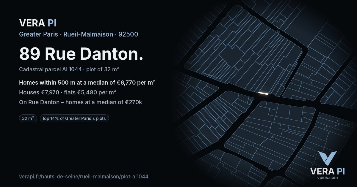 89 Rue Danton, Rueil-Malmaison at night – the plot lit, the parcels around coloured by the prices near them
