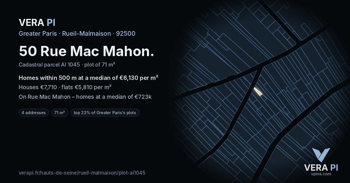 50 Rue Mac Mahon, Rueil-Malmaison at night – the plot lit, the parcels around coloured by the prices near them
