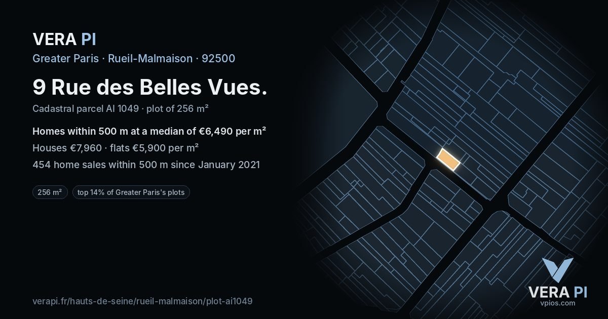 9 Rue des Belles Vues, Rueil-Malmaison at night – the plot lit, the parcels around coloured by the prices near them