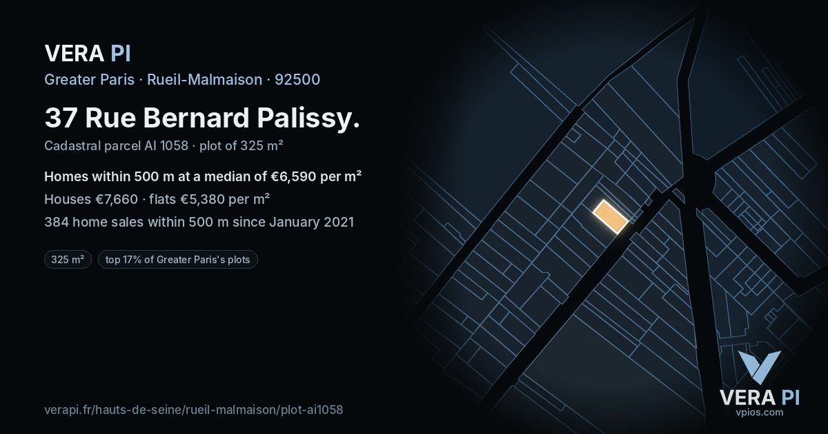 37 Rue Bernard Palissy, Rueil-Malmaison at night – the plot lit, the parcels around coloured by the prices near them