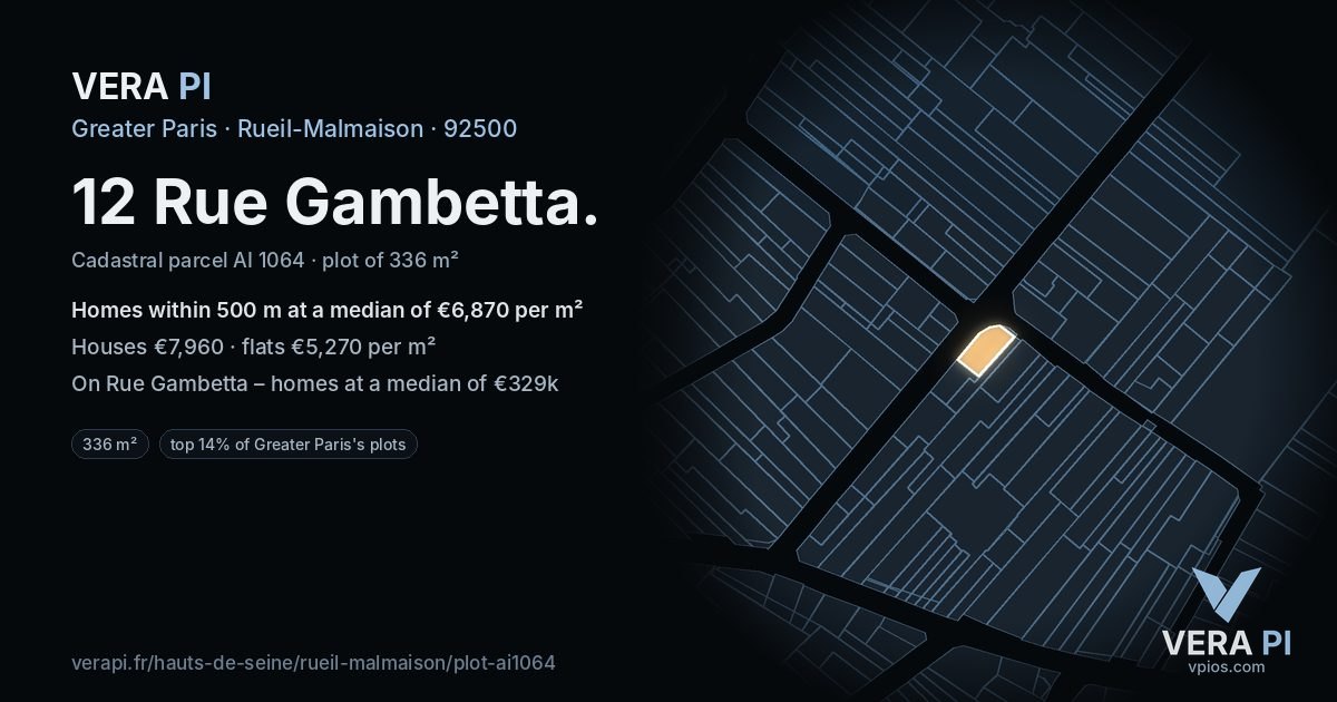 12 Rue Gambetta, Rueil-Malmaison at night – the plot lit, the parcels around coloured by the prices near them