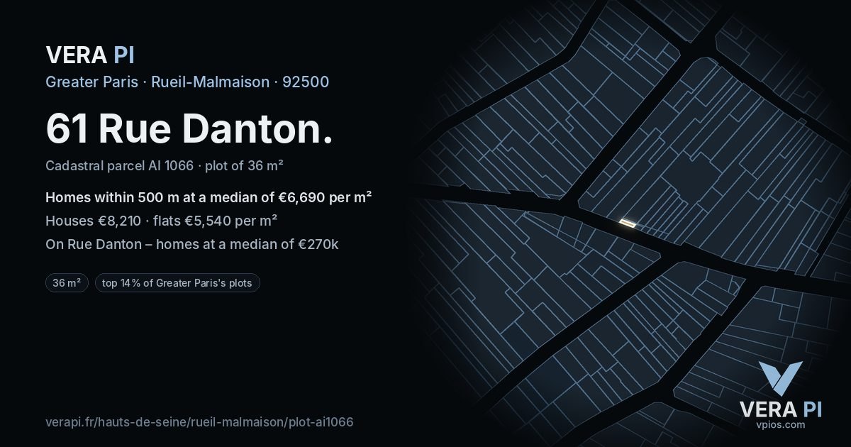 61 Rue Danton, Rueil-Malmaison at night – the plot lit, the parcels around coloured by the prices near them