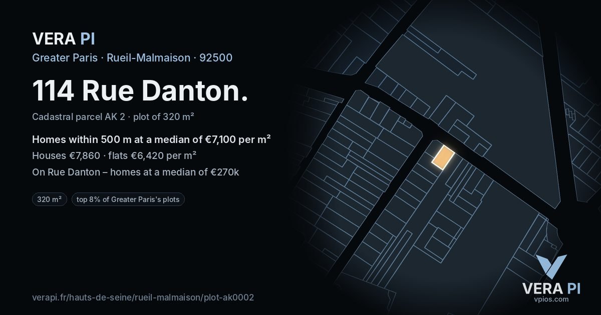 114 Rue Danton, Rueil-Malmaison at night – the plot lit, the parcels around coloured by the prices near them
