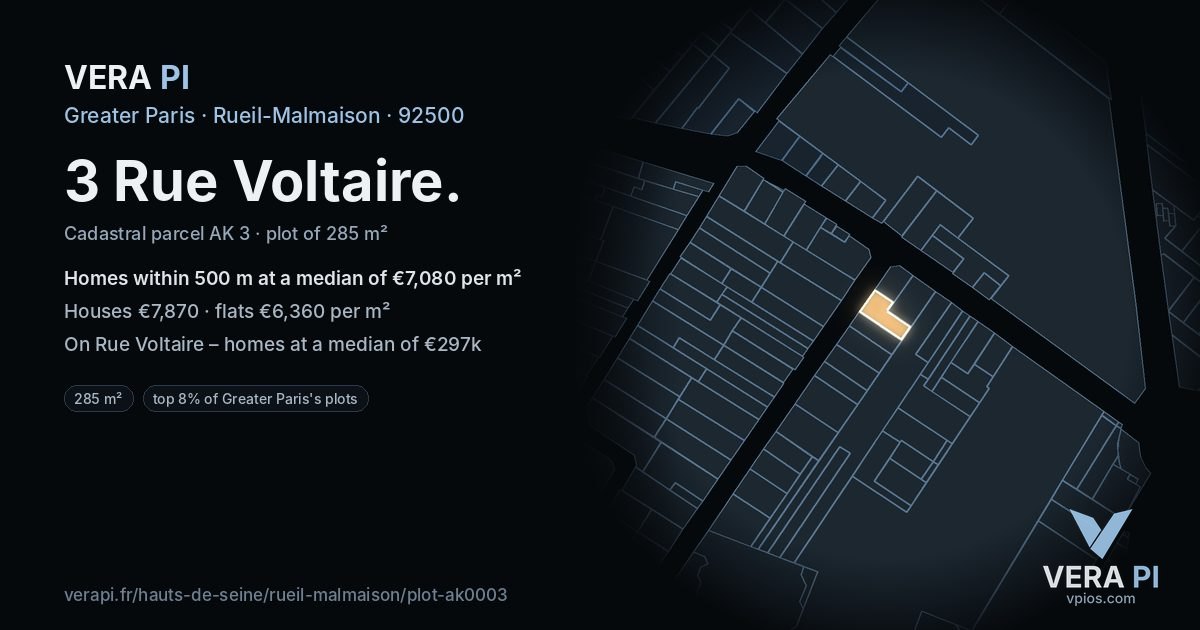 3 Rue Voltaire, Rueil-Malmaison at night – the plot lit, the parcels around coloured by the prices near them