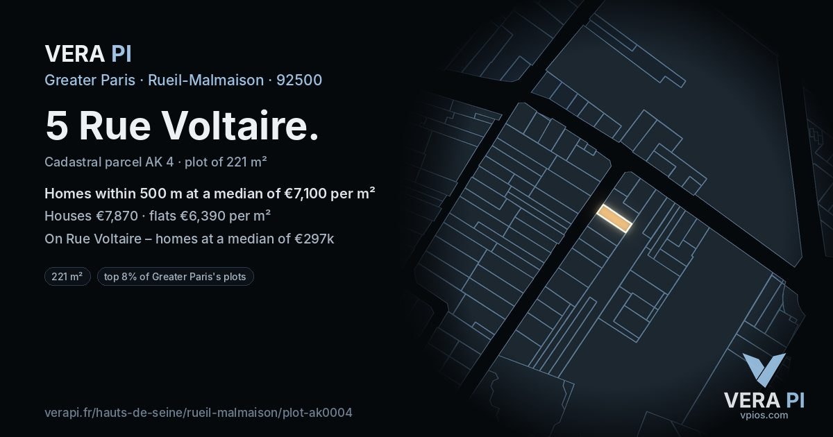 5 Rue Voltaire, Rueil-Malmaison at night – the plot lit, the parcels around coloured by the prices near them