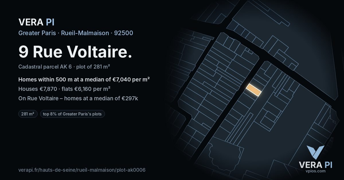 9 Rue Voltaire, Rueil-Malmaison at night – the plot lit, the parcels around coloured by the prices near them