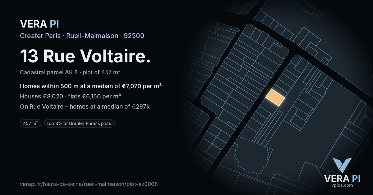 13 Rue Voltaire, Rueil-Malmaison at night – the plot lit, the parcels around coloured by the prices near them