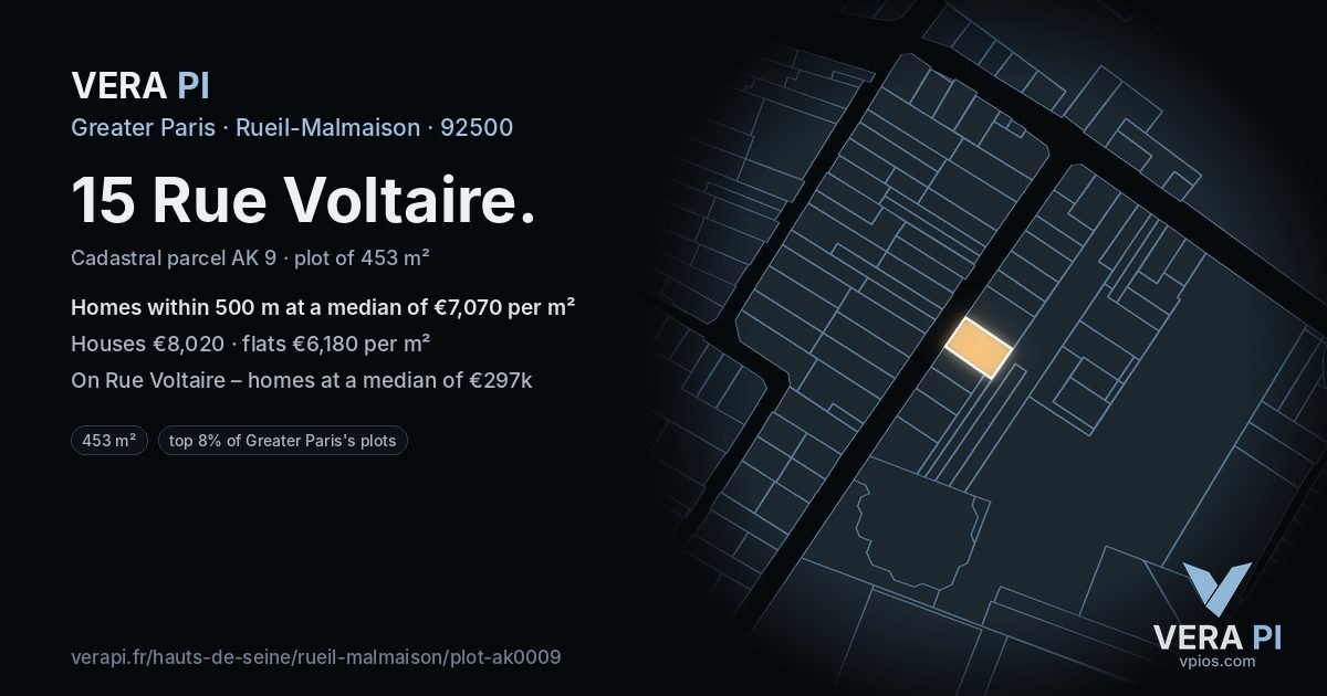 15 Rue Voltaire, Rueil-Malmaison at night – the plot lit, the parcels around coloured by the prices near them