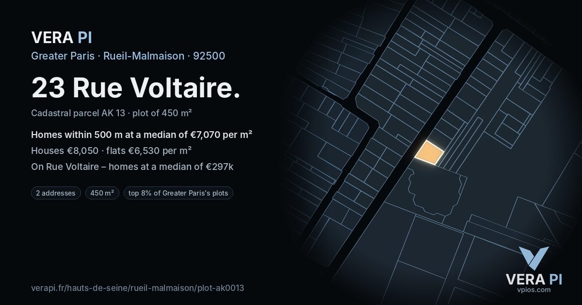 23 Rue Voltaire, Rueil-Malmaison at night – the plot lit, the parcels around coloured by the prices near them