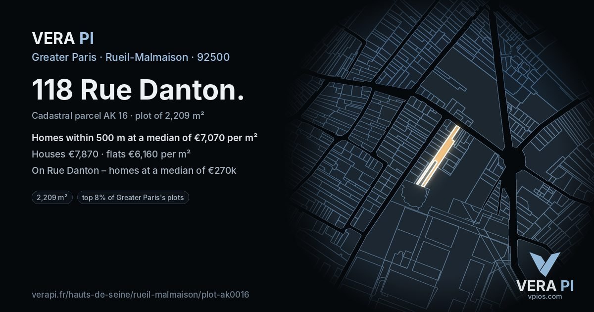 118 Rue Danton, Rueil-Malmaison at night – the plot lit, the parcels around coloured by the prices near them