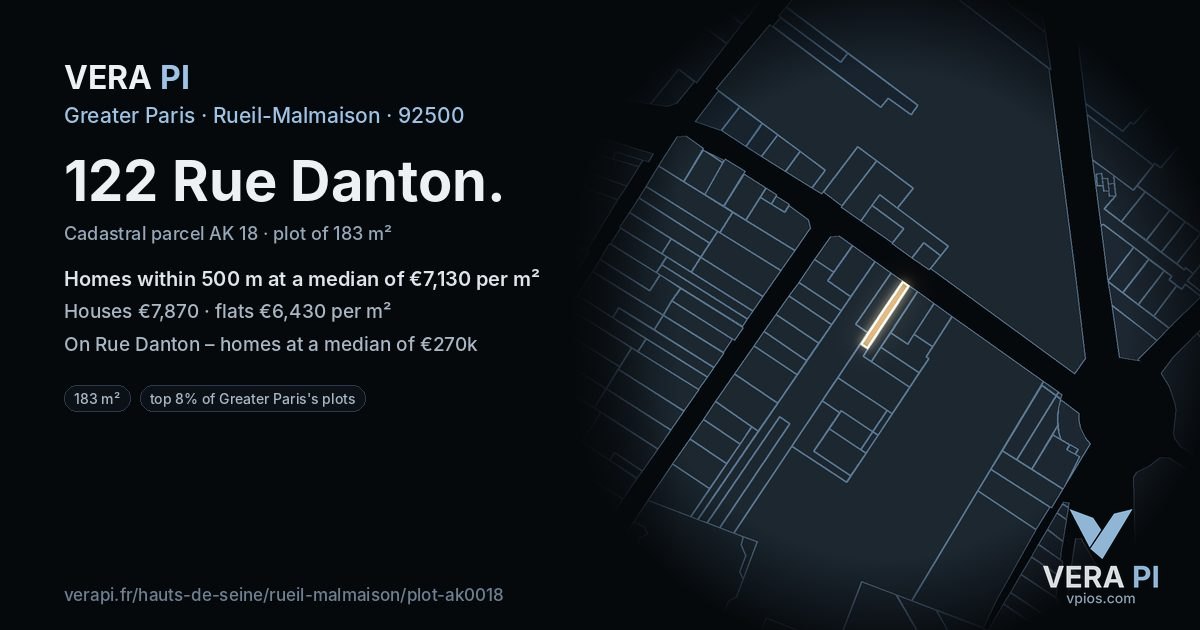 122 Rue Danton, Rueil-Malmaison at night – the plot lit, the parcels around coloured by the prices near them