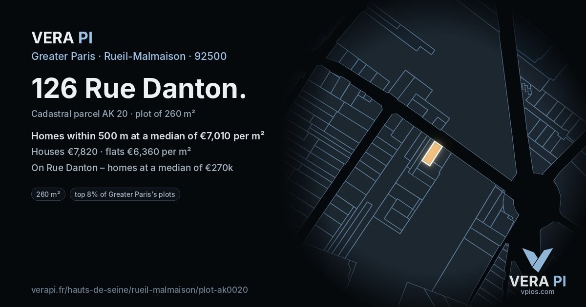 126 Rue Danton, Rueil-Malmaison at night – the plot lit, the parcels around coloured by the prices near them