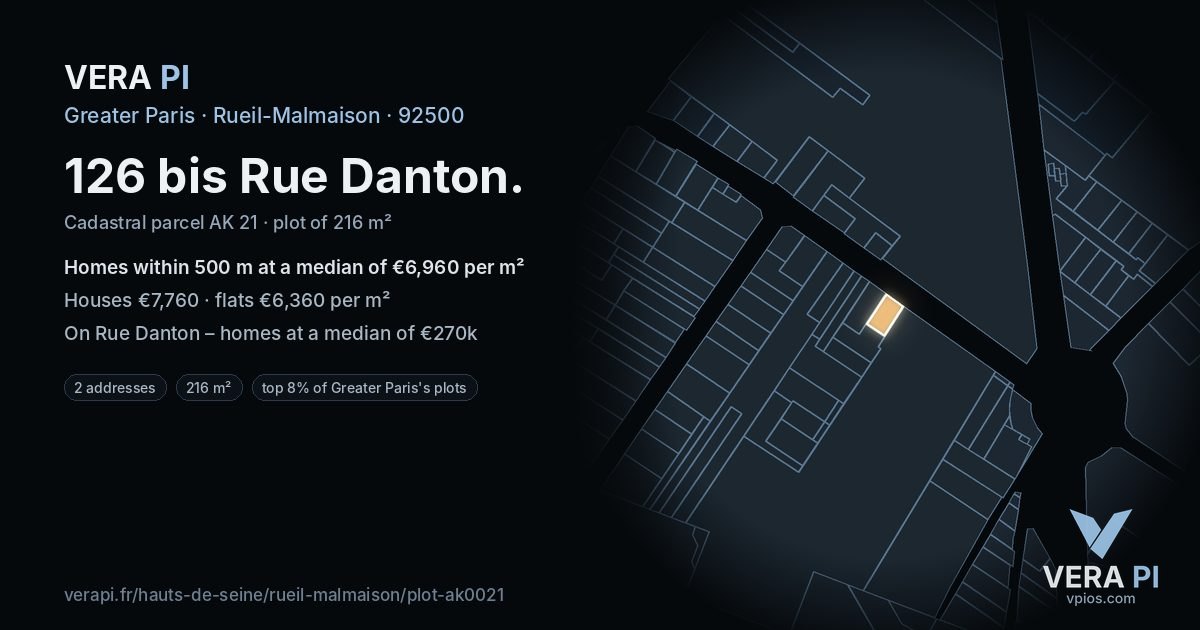 126 bis Rue Danton, Rueil-Malmaison at night – the plot lit, the parcels around coloured by the prices near them