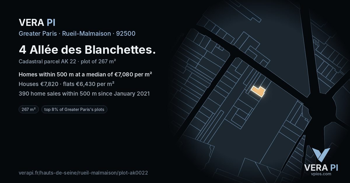 4 Allée des Blanchettes, Rueil-Malmaison at night – the plot lit, the parcels around coloured by the prices near them