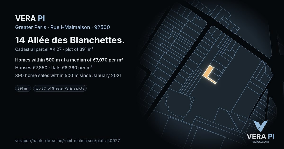 14 Allée des Blanchettes, Rueil-Malmaison at night – the plot lit, the parcels around coloured by the prices near them