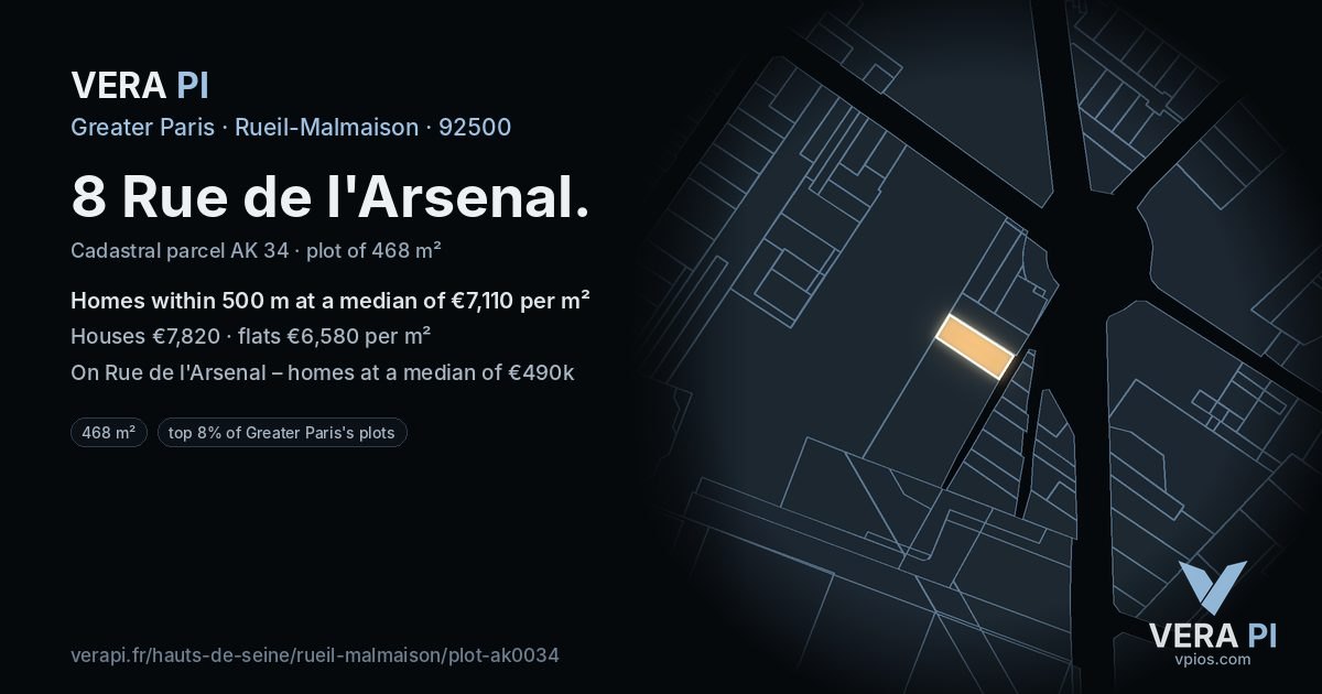 8 Rue de l'Arsenal, Rueil-Malmaison at night – the plot lit, the parcels around coloured by the prices near them