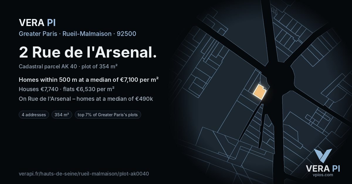 2 Rue de l'Arsenal, Rueil-Malmaison at night – the plot lit, the parcels around coloured by the prices near them