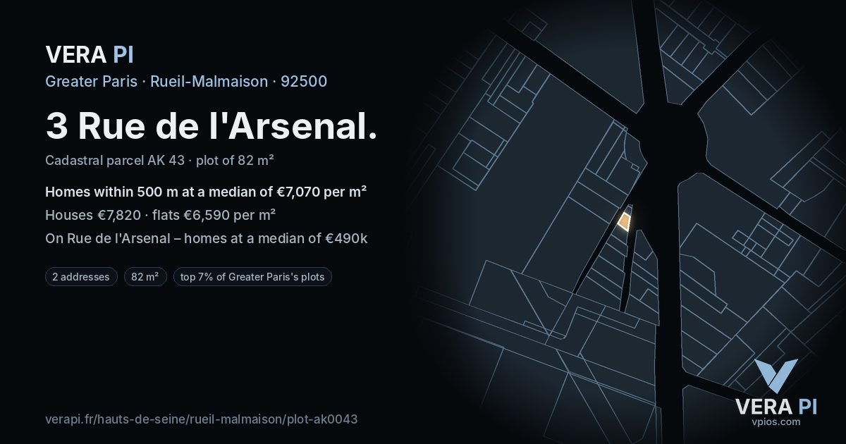 3 Rue de l'Arsenal, Rueil-Malmaison at night – the plot lit, the parcels around coloured by the prices near them