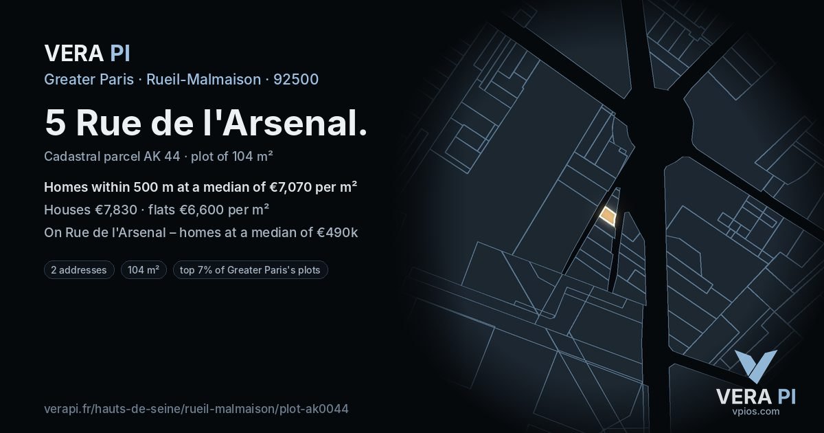 5 Rue de l'Arsenal, Rueil-Malmaison at night – the plot lit, the parcels around coloured by the prices near them