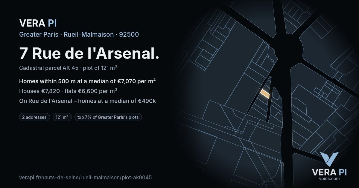 7 Rue de l'Arsenal, Rueil-Malmaison at night – the plot lit, the parcels around coloured by the prices near them