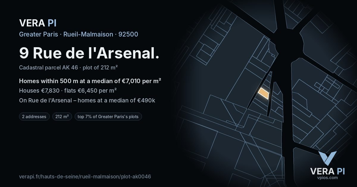 9 Rue de l'Arsenal, Rueil-Malmaison at night – the plot lit, the parcels around coloured by the prices near them