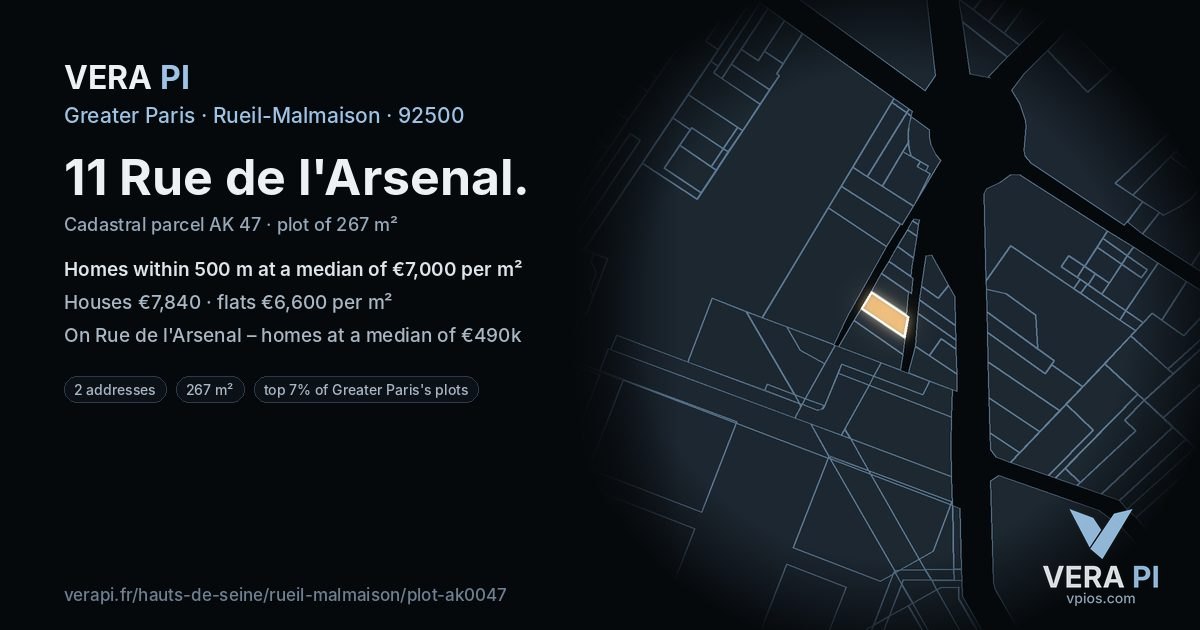 11 Rue de l'Arsenal, Rueil-Malmaison at night – the plot lit, the parcels around coloured by the prices near them