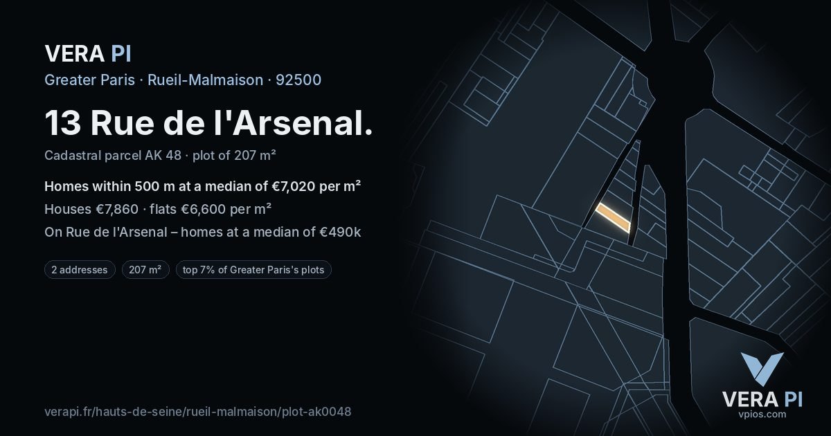 13 Rue de l'Arsenal, Rueil-Malmaison at night – the plot lit, the parcels around coloured by the prices near them