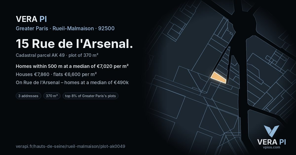 15 Rue de l'Arsenal, Rueil-Malmaison at night – the plot lit, the parcels around coloured by the prices near them
