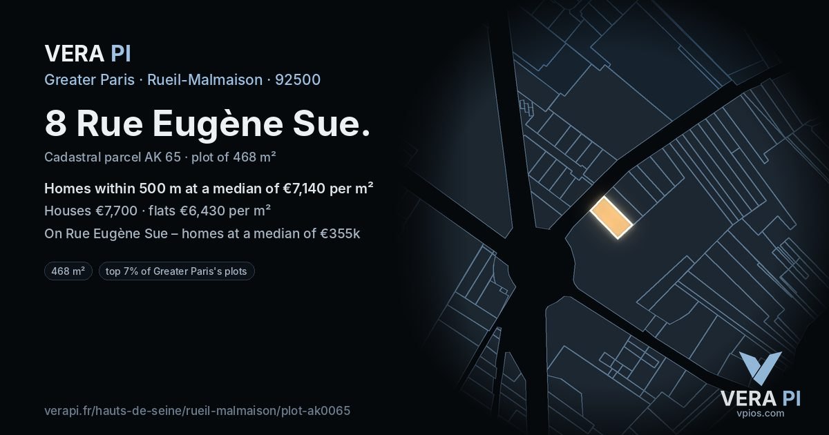 8 Rue Eugène Sue, Rueil-Malmaison at night – the plot lit, the parcels around coloured by the prices near them