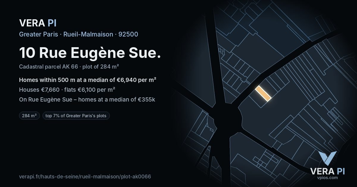 10 Rue Eugène Sue, Rueil-Malmaison at night – the plot lit, the parcels around coloured by the prices near them