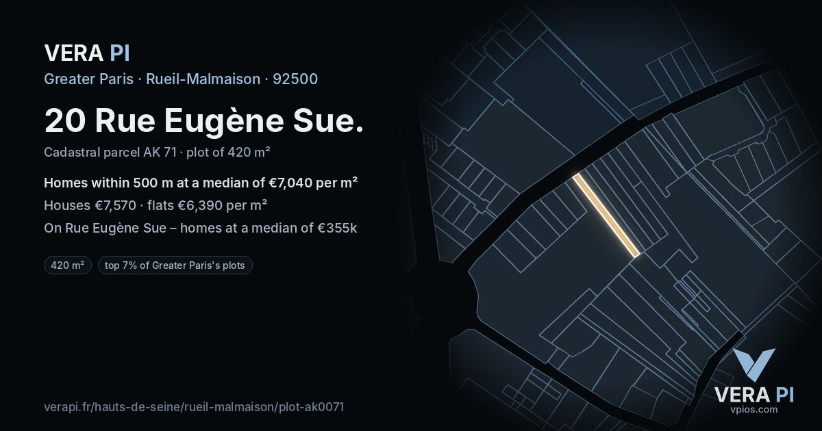 20 Rue Eugène Sue, Rueil-Malmaison at night – the plot lit, the parcels around coloured by the prices near them