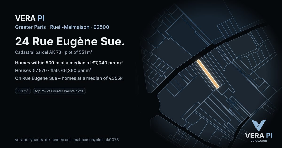 24 Rue Eugène Sue, Rueil-Malmaison at night – the plot lit, the parcels around coloured by the prices near them