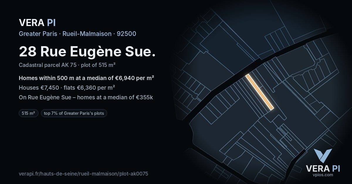 28 Rue Eugène Sue, Rueil-Malmaison at night – the plot lit, the parcels around coloured by the prices near them