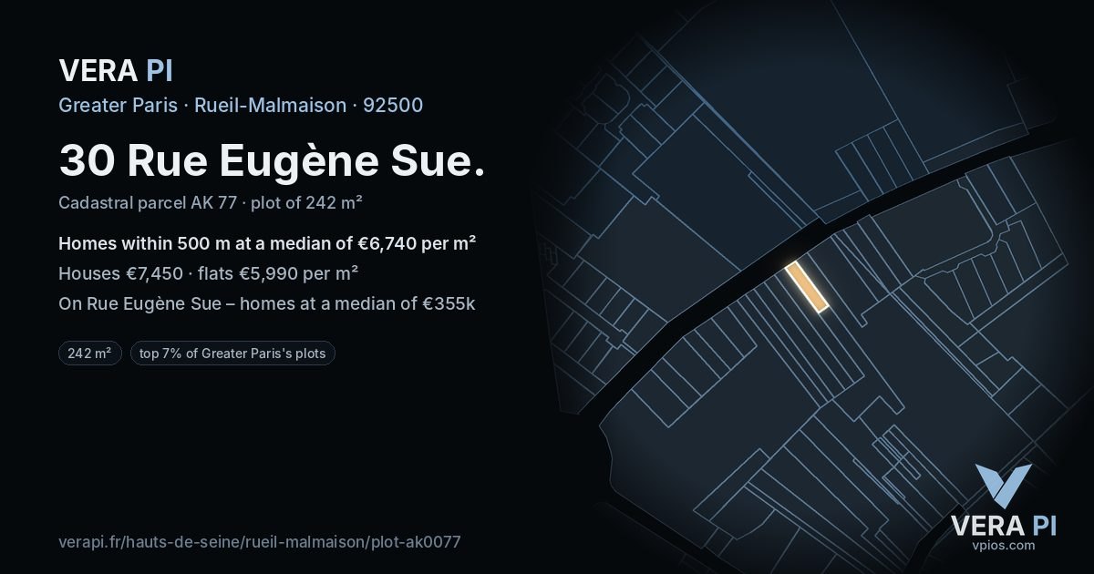 30 Rue Eugène Sue, Rueil-Malmaison at night – the plot lit, the parcels around coloured by the prices near them