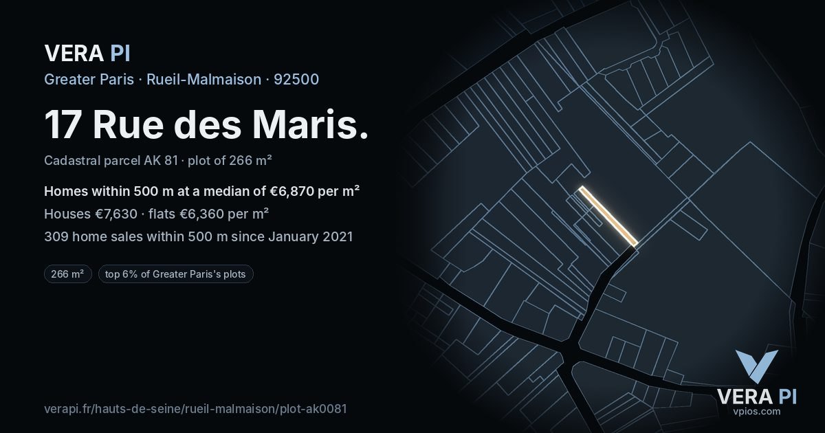 17 Rue des Maris, Rueil-Malmaison at night – the plot lit, the parcels around coloured by the prices near them